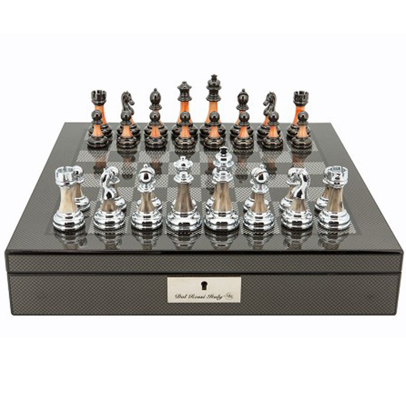 Dal Rossi Italy Carbon Fibre Shiny Finish Chess Box 16” with Metal Marble Chess Pieces